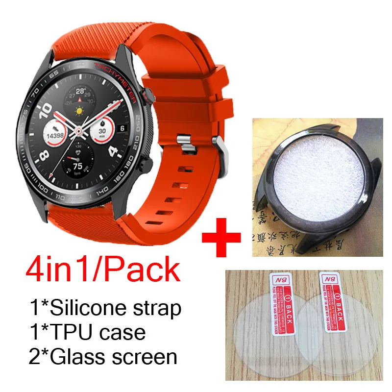 orange-black 4в1/упаковка силиконовых полос для huawei Honor watch Magic Dream ремешок ТПУ чехлы оболочка мягкий браслет для часов+ стекло Защита экрана - Цвет: orange-black