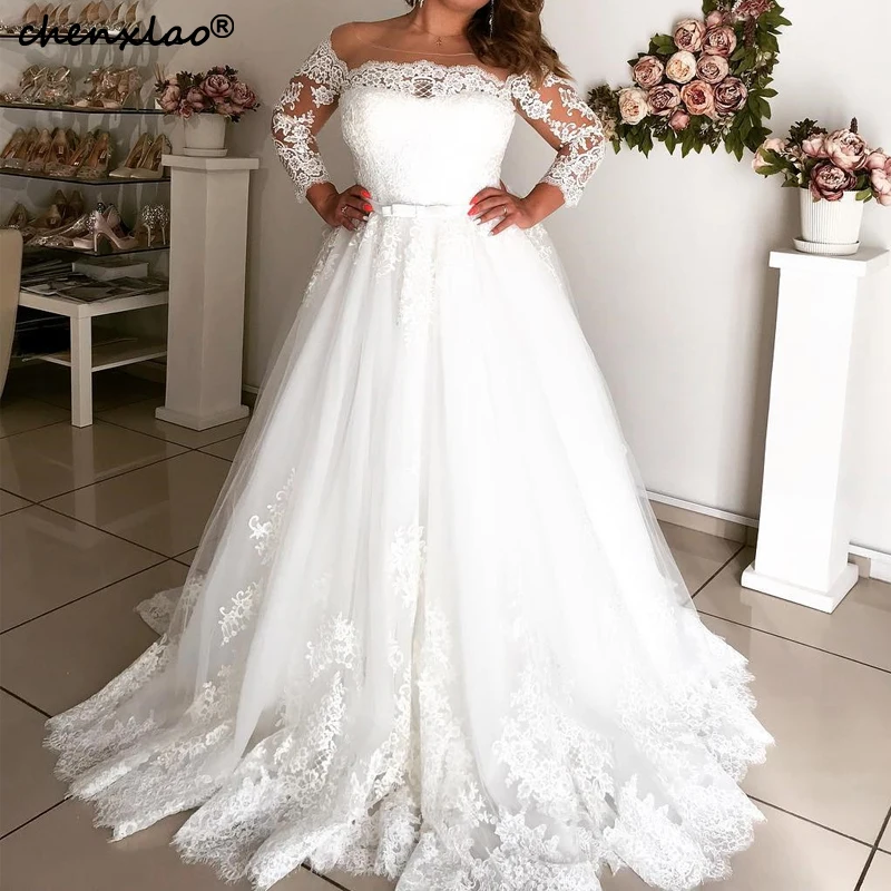 Vestido De Noiva свадебное платье бальное с открытыми плечами Длинные рукава Кружева