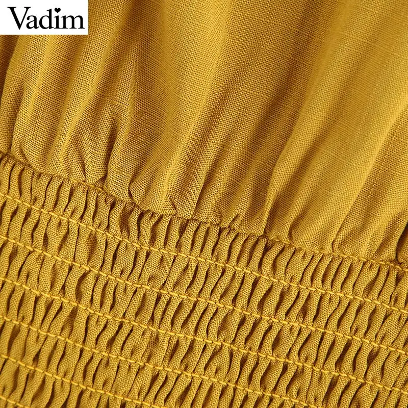 Vadim women sweet V neck yellow tops short sleeve solid elastic pleated blouse female casual cute summer shirt blusas DA548 |