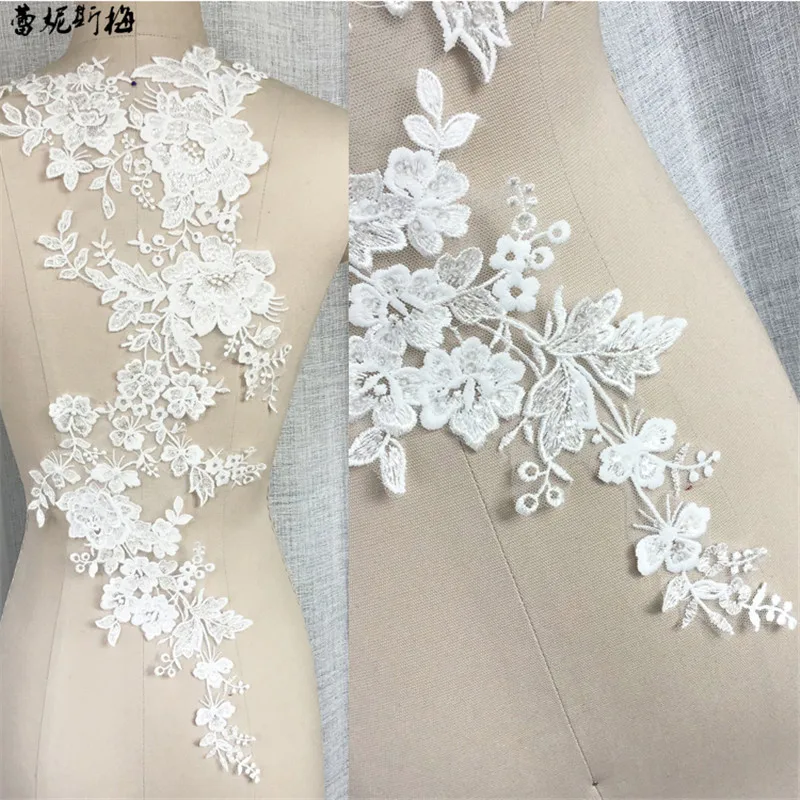 2 шт блестками цвета слоновой кости большой кружева патч цветок вышивка