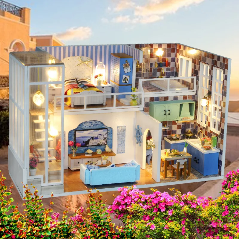 

Creative Diy wooden cabin loft,Girls'Birthday Gifts Model Doll House Cottage