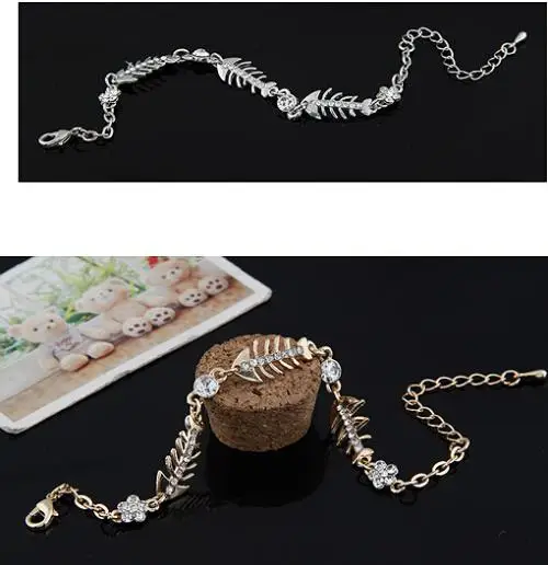 LEMOER Gold Silver Color Crystal Rhinestone Fish Bone Flower Bracelet Chain Link initial charm bracelets Jewelry pulseiras | Украшения и