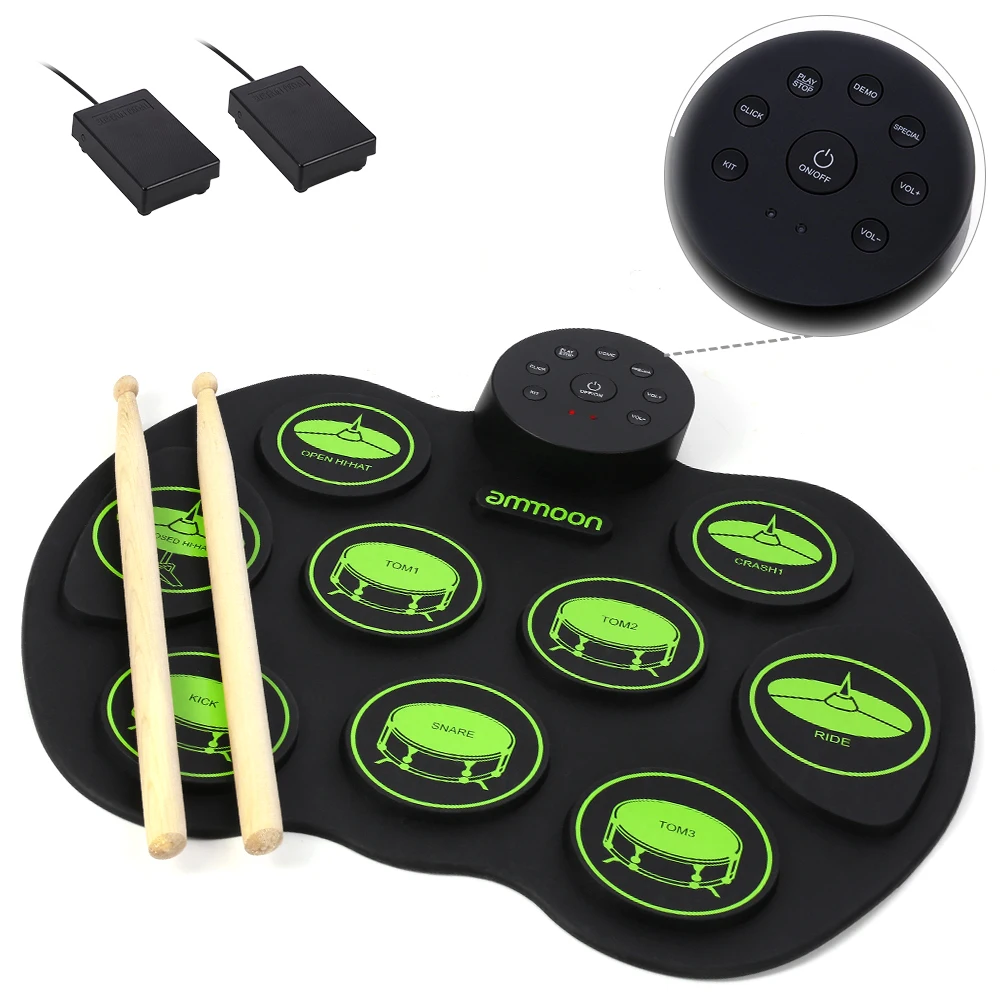 Portable Electronic Drum Set Digital Roll-Up Touch Sensitive Practice Drum Kit 2 Foot Pedals for Kids Beginners No Speakers