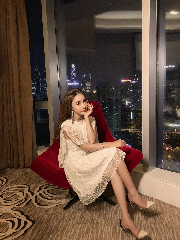 SexeMara Модное Новое тяжелое платье с круглым вырезом и бисером и блестками