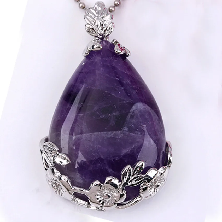 Colgante con forma de gota de agua para mujer, amatista púrpura Natural chapada en plata, estilo veraniego, a la moda