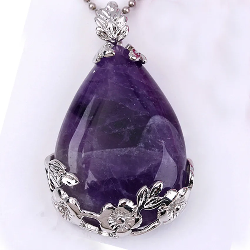 Trendy-beads Summer Style Silver Plated Natural Purple Amethysts with Flower Water Drop Pendant Fashion Jewelry | Украшения и