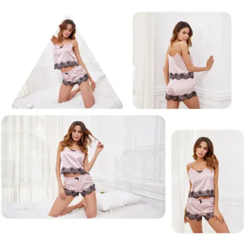 2 шт. Для женщин леди атласные кружева пижамы Babydoll ночные рубашки комплект на