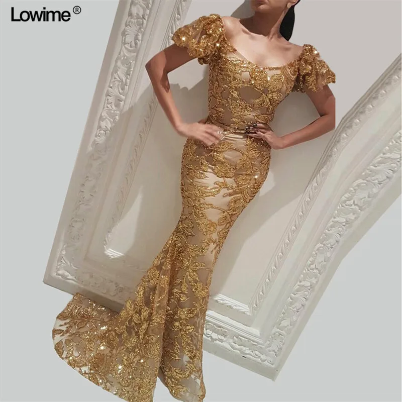 

2018 Dubai Turkish Arabic Mermaid Evening Dresses Cap Sleeves Scoop Gold Sequined Prom Party Dress Gowns With Sweep Train