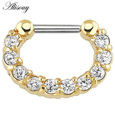 Gold Clear CZ Alisouy 1 шт. хирургическое стальное кольцо с крапановой закрепкой камня украшение с цирконием перегородка защелка для носа кольцо для пирсинга Septo тела ювелирные изделия соски украшение для Козелка 16 г - Окраска металла: Gold Clear CZ