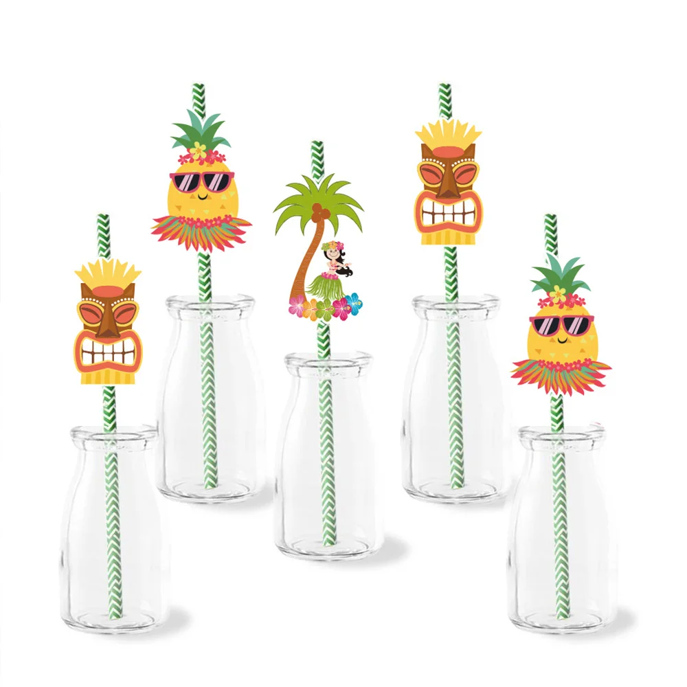

Tropical Hawaii Party Straws Cartoon Pineapple Disposable Paper Straws Kids Birthday Party Decoration Baby Shower Party Supplies