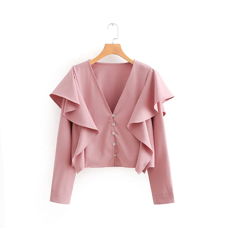women sweet v neck laminated ruffles pink smock shirt blouses long sleeve chic feminina blusas office business tops LS2684 |