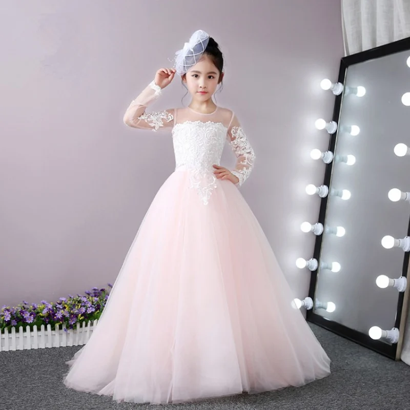 

High Quality White Flower Girl Dresses For Weddings Lace Long Sleeve With Small Train Prom Party Communion Dresses