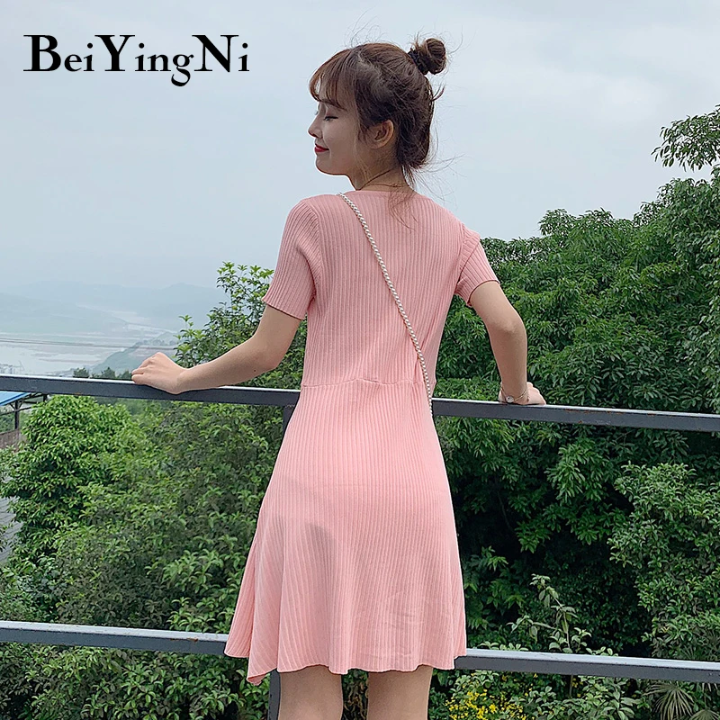 Beiyingni 2019 летнее корейское розовое платье женское повседневное милый с высокой