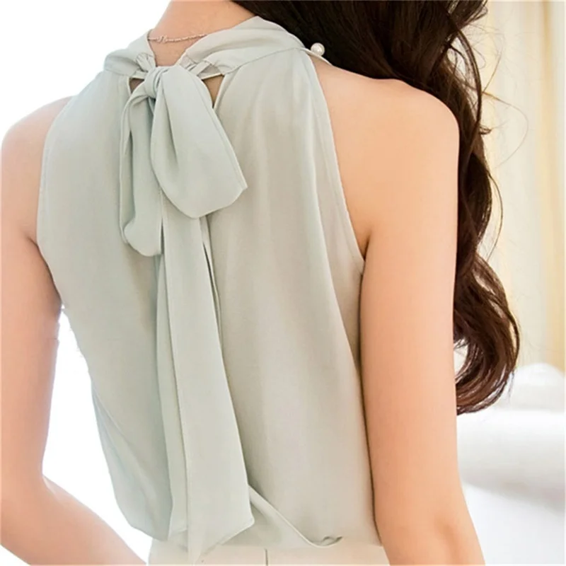 2018 корейская мода Бисероплетение шифон женские блузки короткие без рукавов