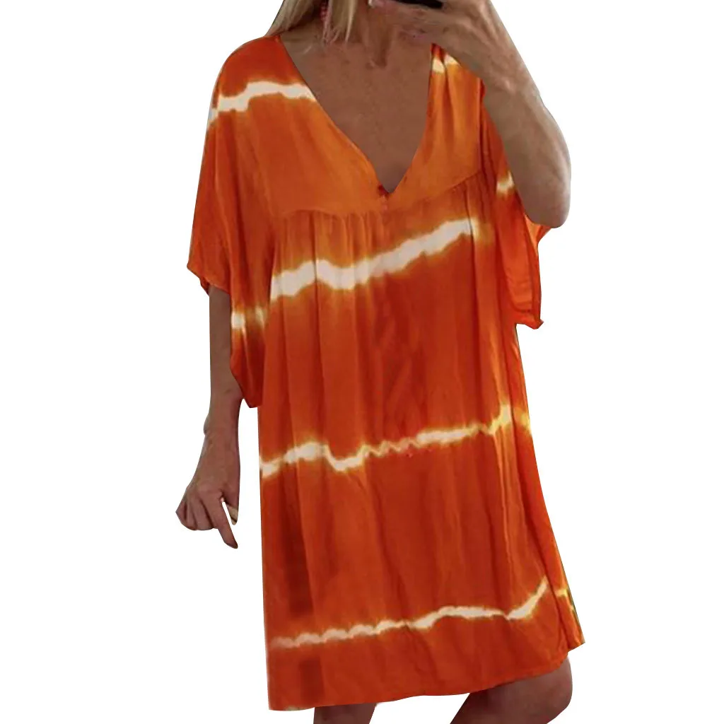 Boho свободное летнее женское платье с v-образным вырезом и коротким рукавом чистый