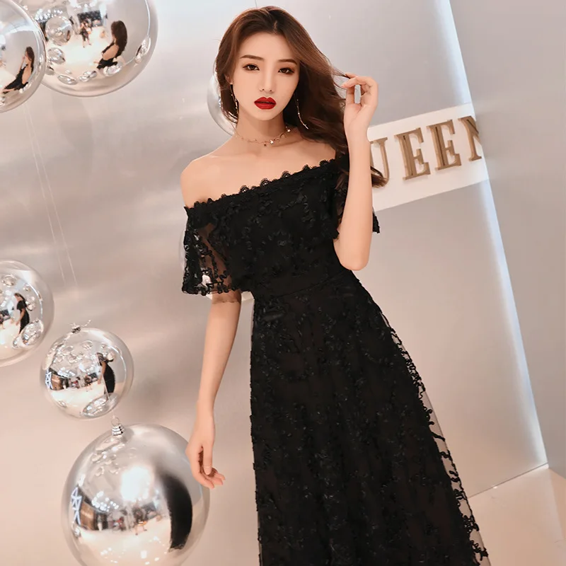 

Black Chinese Oriental Wedding Female Off Shoulder Cheongsam Vintage Evening Dress Elegant Celebrity Banquet Dresses XS-3XL