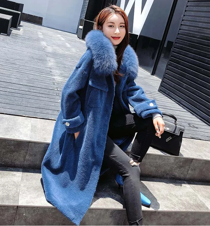 

Italy 2020 new winter woman genuine wool coat ladies woolen long loose overcoat with large fox fur hood blue ivory plus size