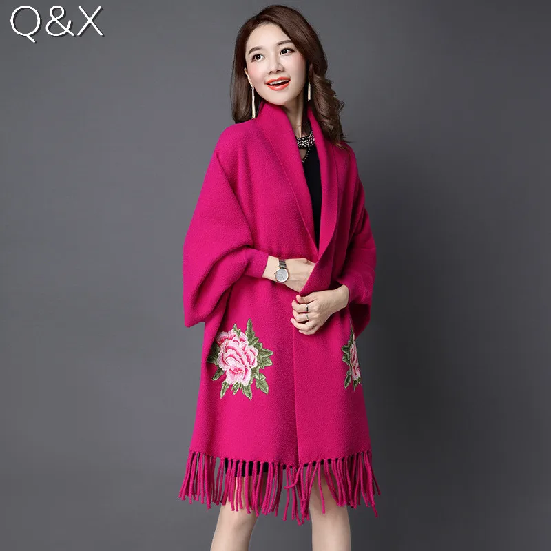 

SC68 женское кашемировое пончо с длинными рукавами, кардиган для невесты, свадебная шаль, накидка 2018, зимний женский жилет с вышивкой, цветочн...