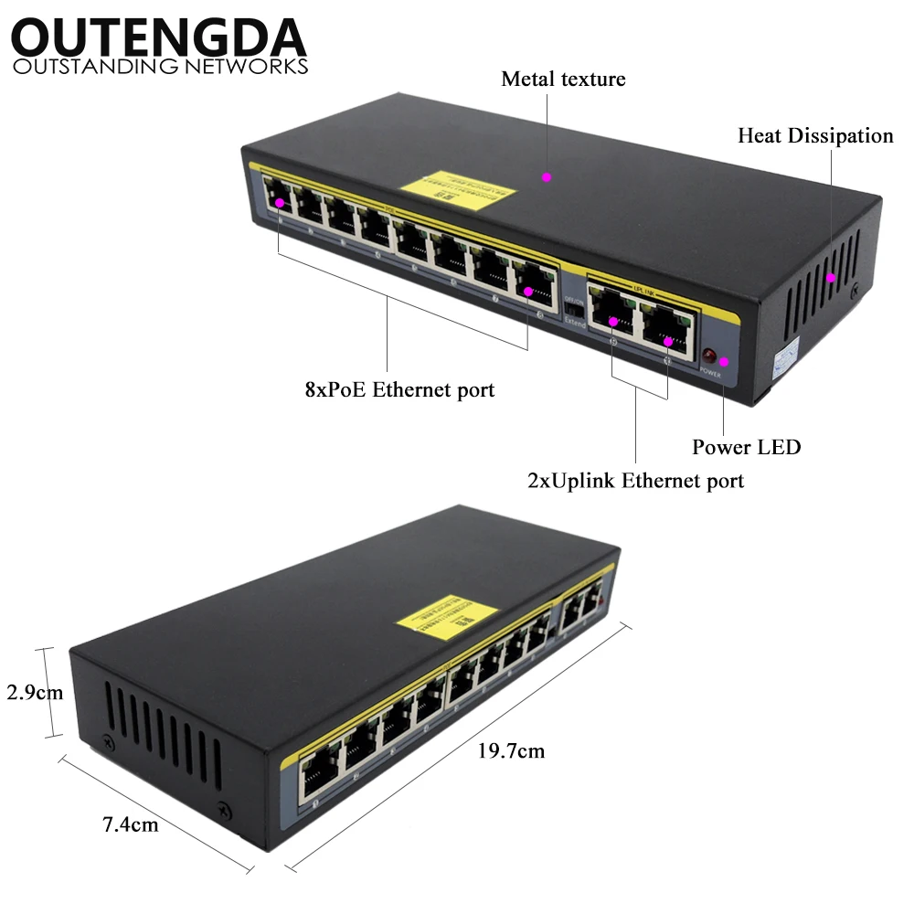 2 + 8 портов 100 Мбит/с PoE коммутатор адаптер питания по Ethernet IEEE 802.3af/at для камер AP VoIP