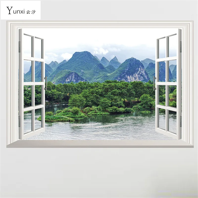 Yunxi 3D Alpine Зеленый воды поддельные окна Наклейки ПВХ на стену Спальня Гостиная