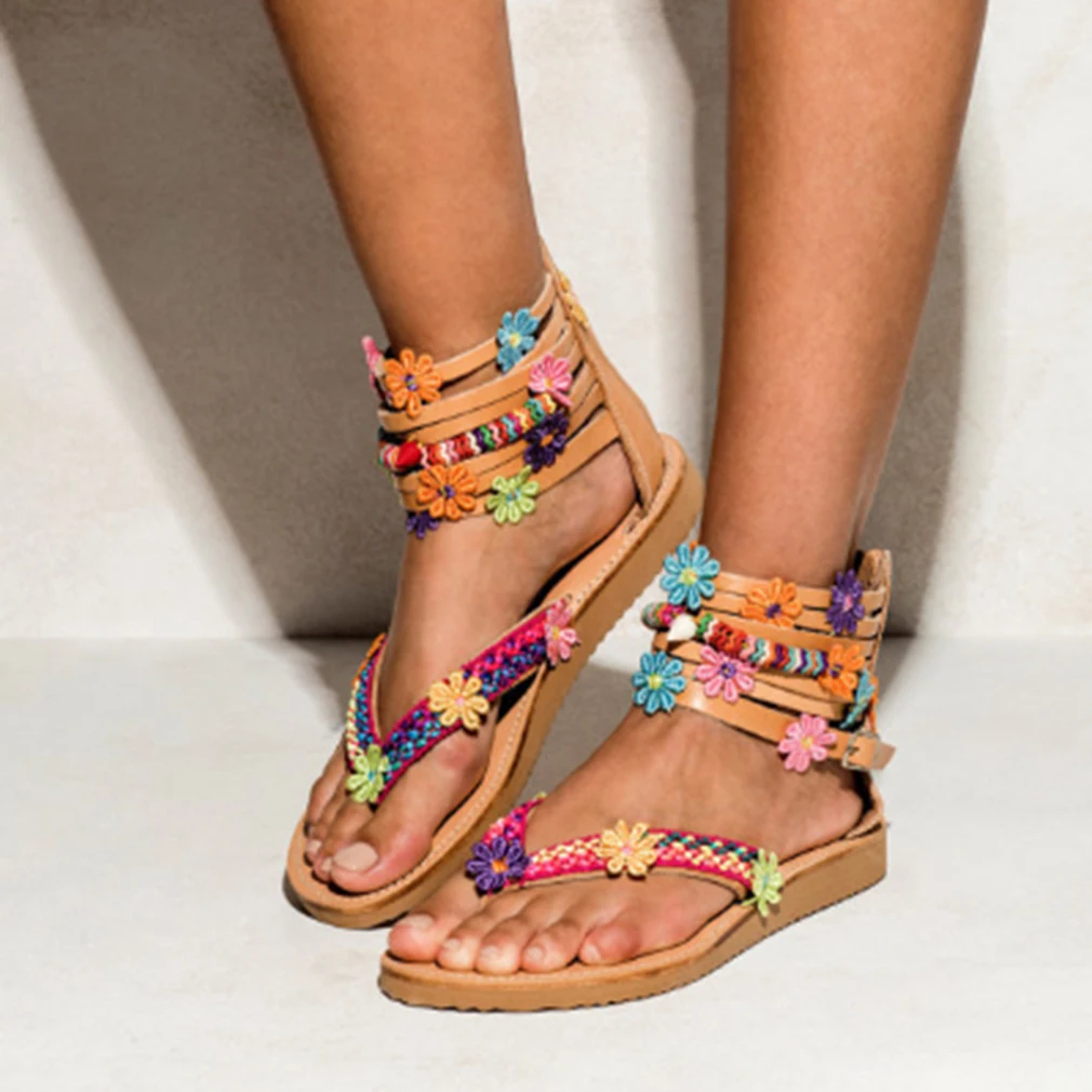 Женские сандалии с ремешками на лодыжках; chaussures femme; Sandalias mujer; Летние сандалии-гладиаторы в римском стиле; богемные вьетнамки на плоской подошве