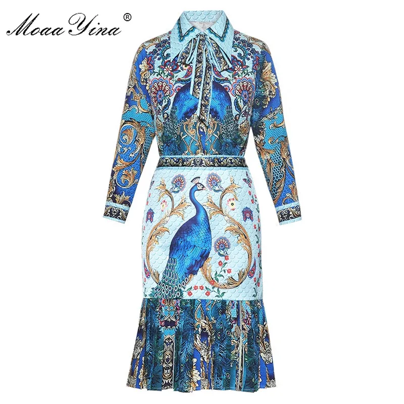 Женский дизайнерский подиумный комплект MoaaYina винтажная блузка с принтом павлина