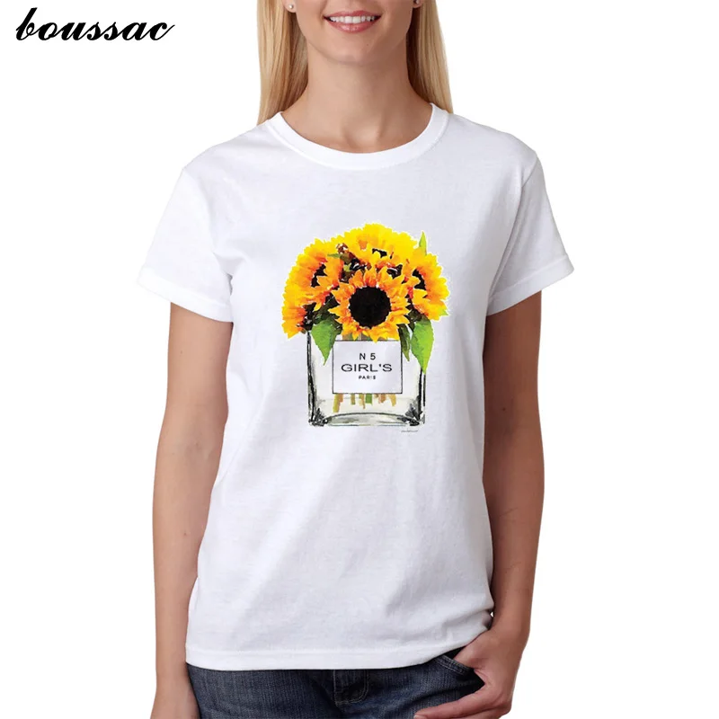 Лето 2019 женская футболка цветочный ароматизатор с принтом Женская белая круглым