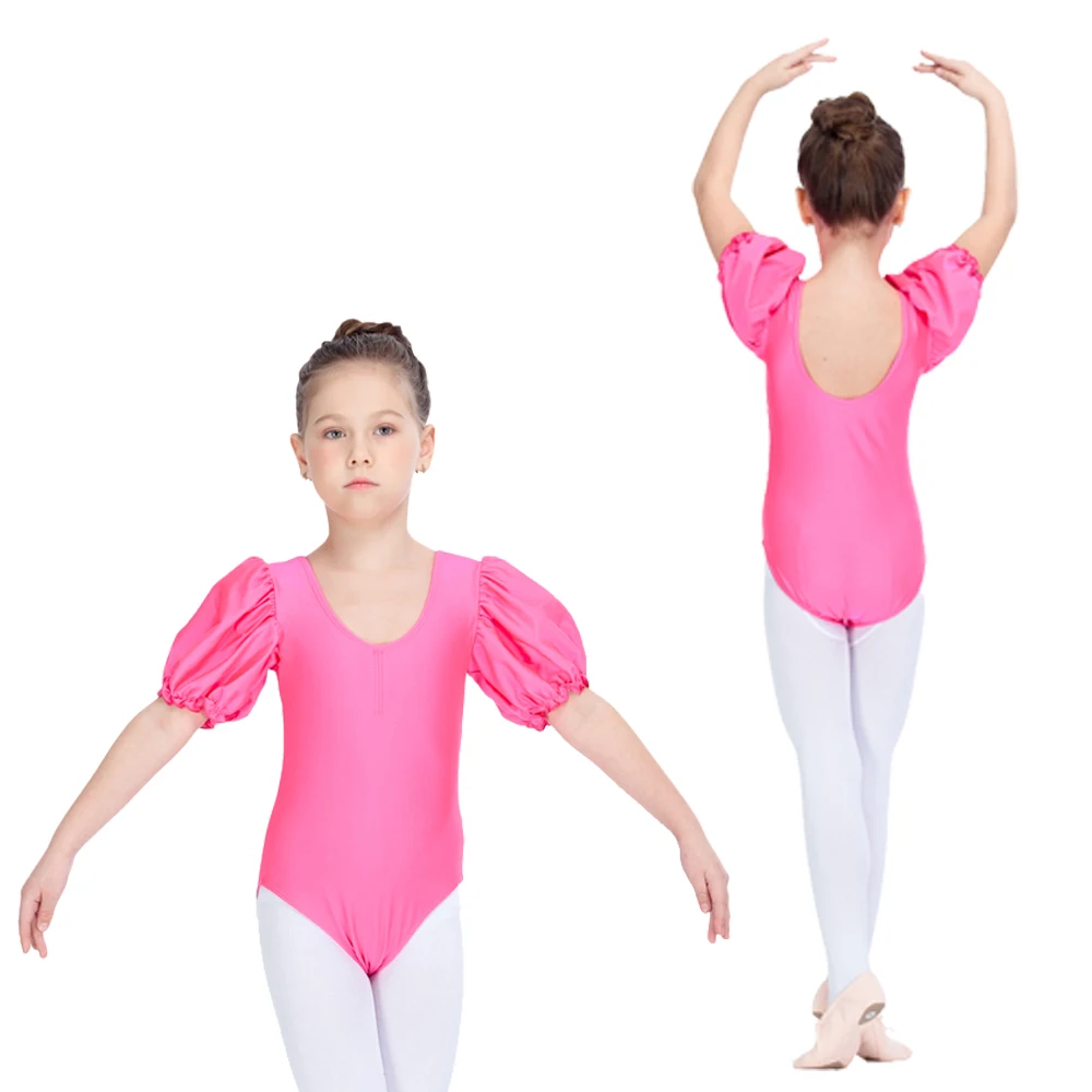 Персиковый нейлон/лайкра Кепка Пышный рукав трико с завязками спереди для девочек Боди для гимнастики и балета
