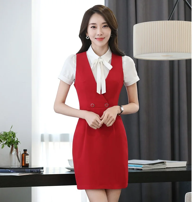 Женский деловой костюм с блузкой и платьем Модный облегающий офисный в офисном