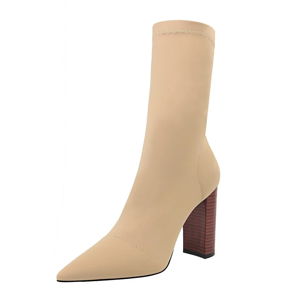 apricot boots {D& Henlu}/весенне-Осенняя обувь с эластичными носками женские ботинки с носками женские ботинки до середины икры женские туфли малых размеров из лайкры с квадратным каблуком - Цвет: apricot boots