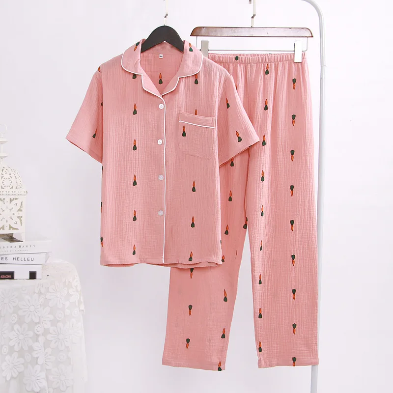 

Fdfklak High Quality 2020 Summer Short Sleeve Couple Pajama Suit Two Piece Set Pajamas Cotton Pyjamas Women Set Pijama Q944