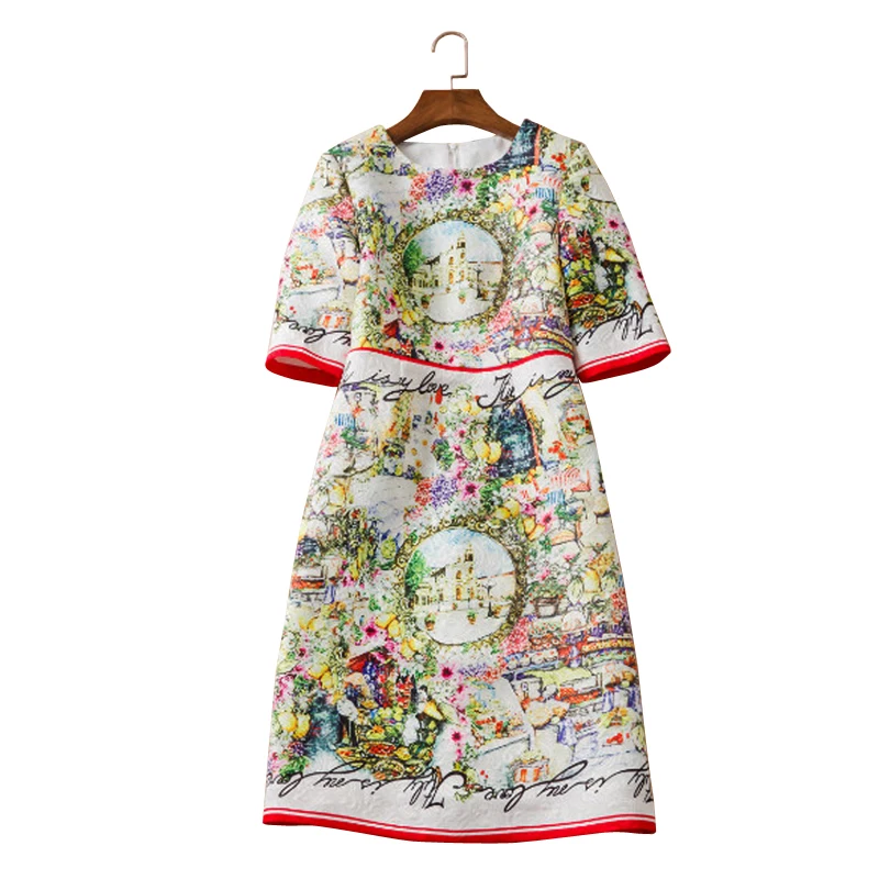 Женское платье с круглым вырезом жаккардовое облегающее рукавом и принтом лето