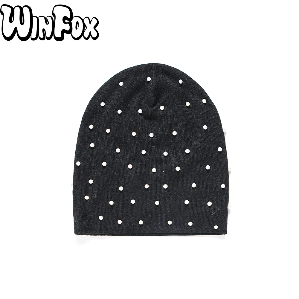 

Winfox New Brand Fashion Winter Black Grey Pearl Beanies Hats For Womens Girls Gifts