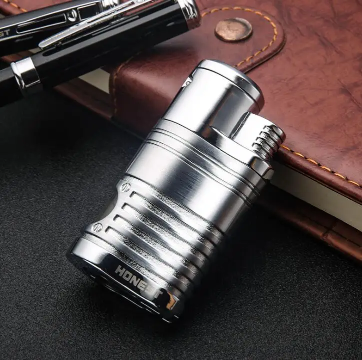 Silver Brush Сильный 4 пламени прикуриватель ветрозащитный бутан газовая зажигалка видимое окно фонарь зажигалка с сигарой ножевые гаджеты для мужчин - Цвет: Silver Brush