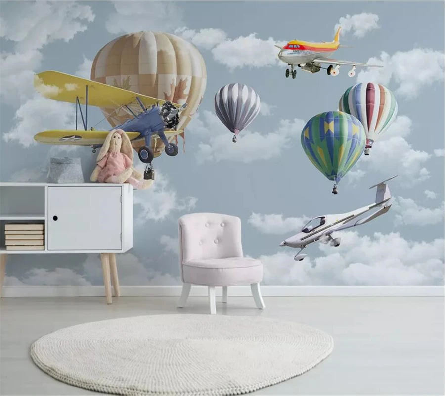 wellyu Nordic minimalist hand-painted wallpaper cartoon airplane balloon children's room TV background custom 3d photo | Обустройство