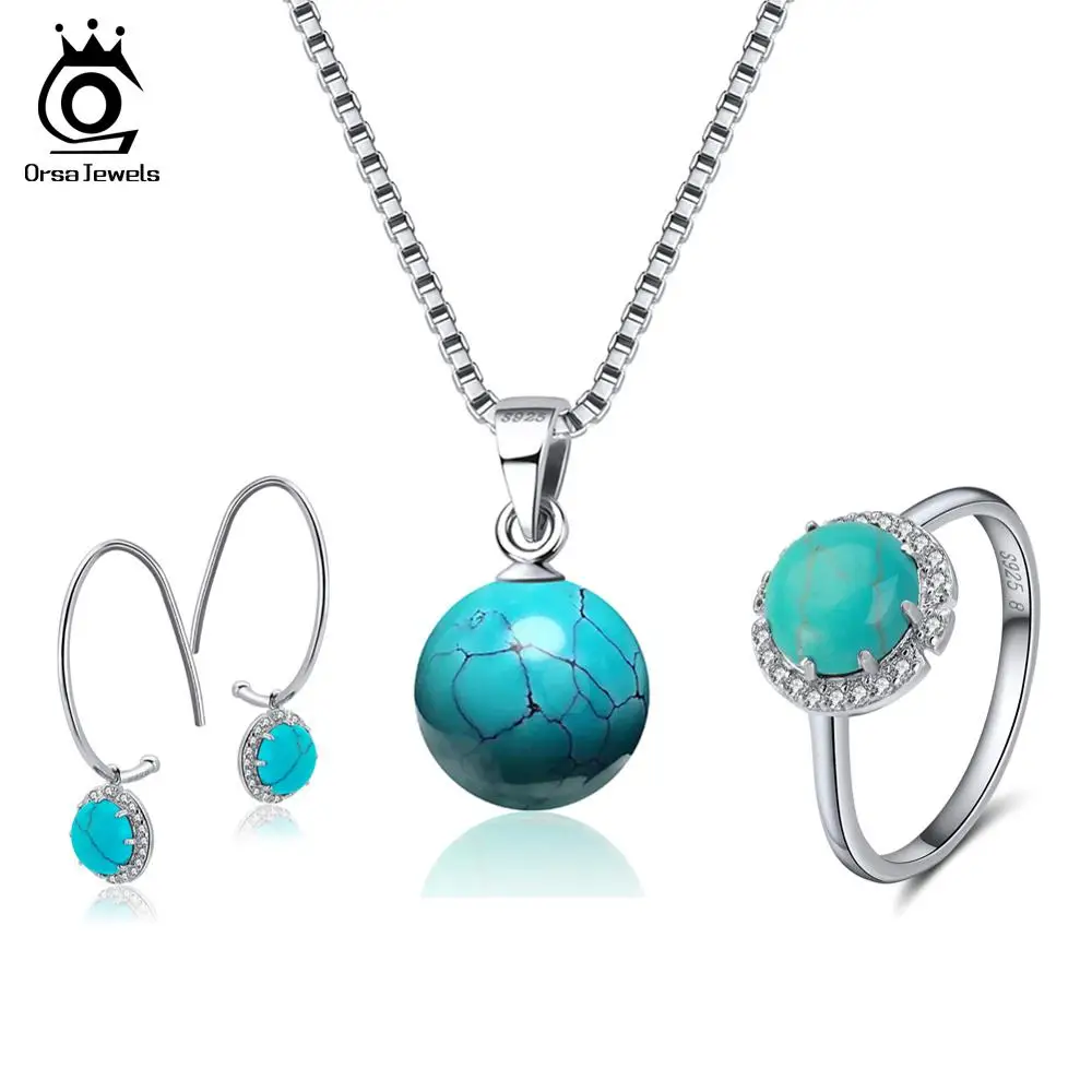 ORSA JEWELS 925 стерлингового серебра женские кольца бирюзовые серьги с каплями+ ожерелья Кристалл Медальон натуральный камень ювелирный набор OSS27