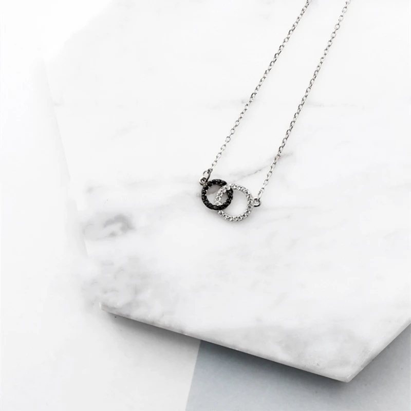 

Simple Double Circle Rhinestone Korean Silver Color Temperament Personality Fashion Female Jewelry Necklace SNE016