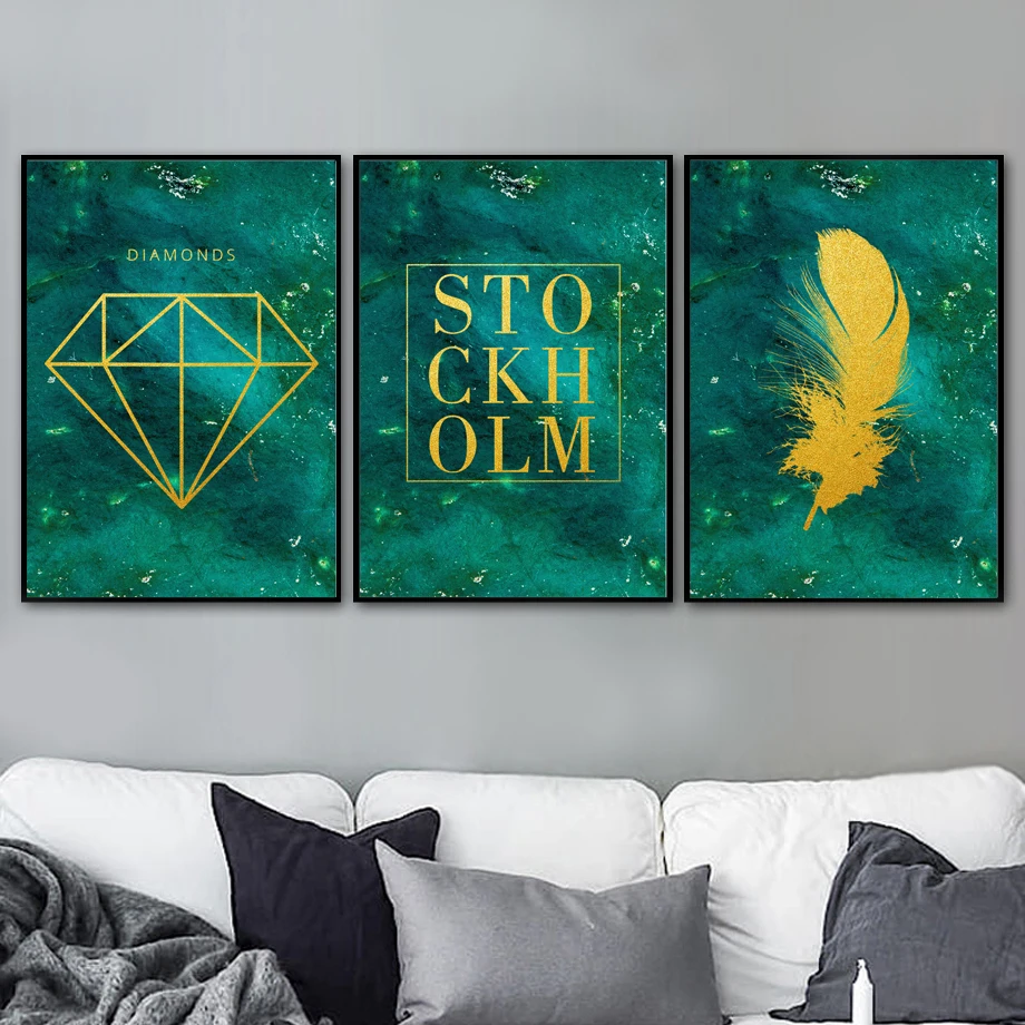 Картина с золотыми перьями и бриллиантами Зеленая Мраморная Настенная картина