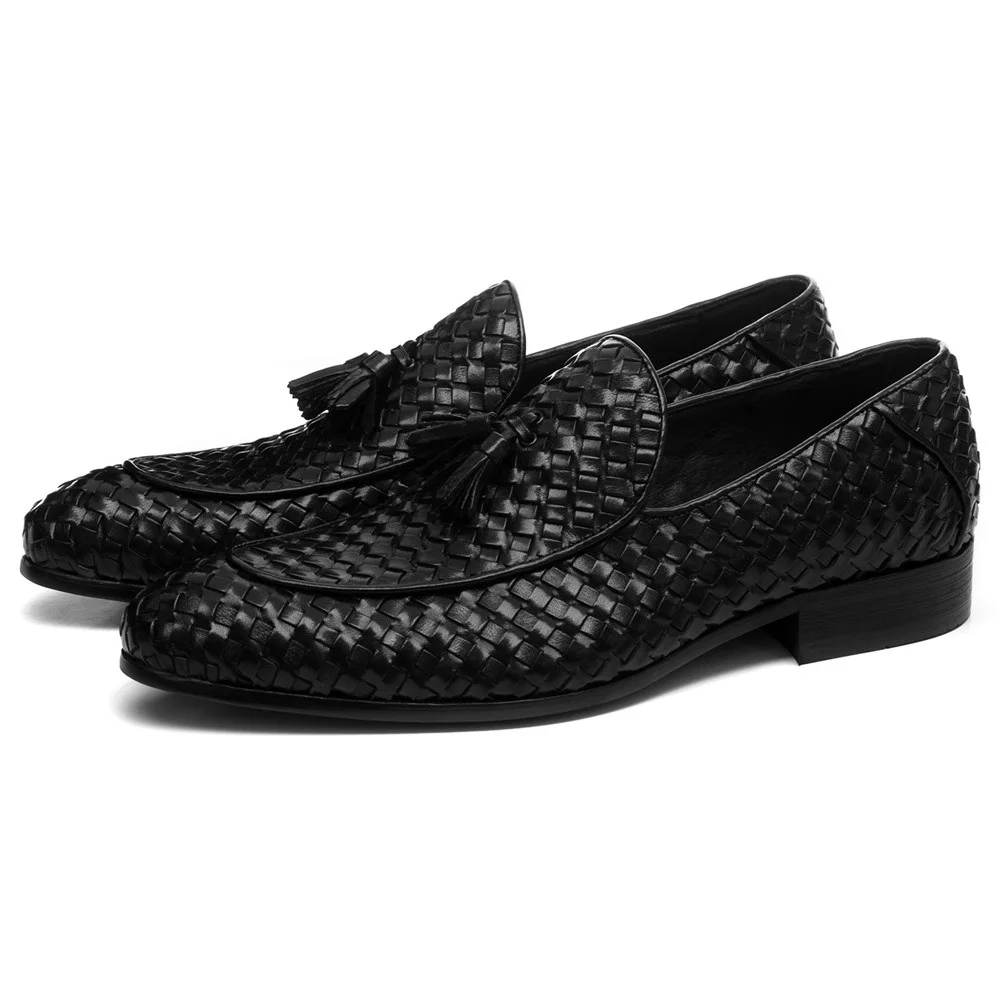 Breathable Brown Tan / Black Woven Design Loafers Summer Mens Wedding Groom Shoes Genuine Leather Male Dress With Tassel | Обувь