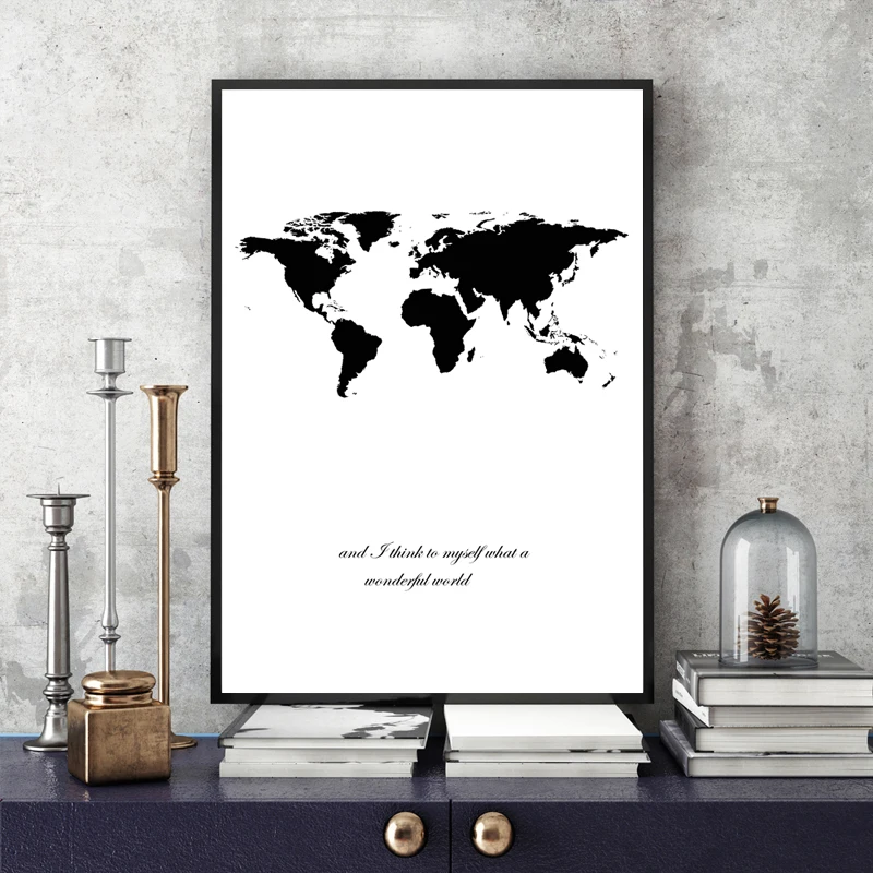 Карта мира холст скандинавские плакаты и принты настенная живопись черно белая