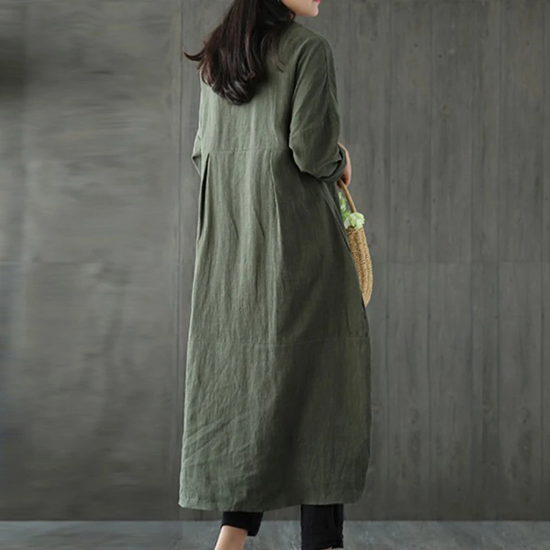 Women cotton and linen dress 2019 spring summer vintage solid loose raglan long sleeve dresses office lady casual oversize | Женская