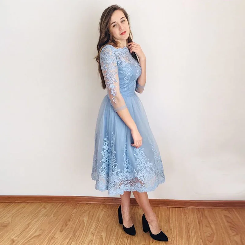 Светло-Небесно-голубое короткое платье для выпускного вечера с рукавами 3/4, иллюзия А-силуэта, Аппликации, вечерние платья, платья для выпускного вечера длиной до колена