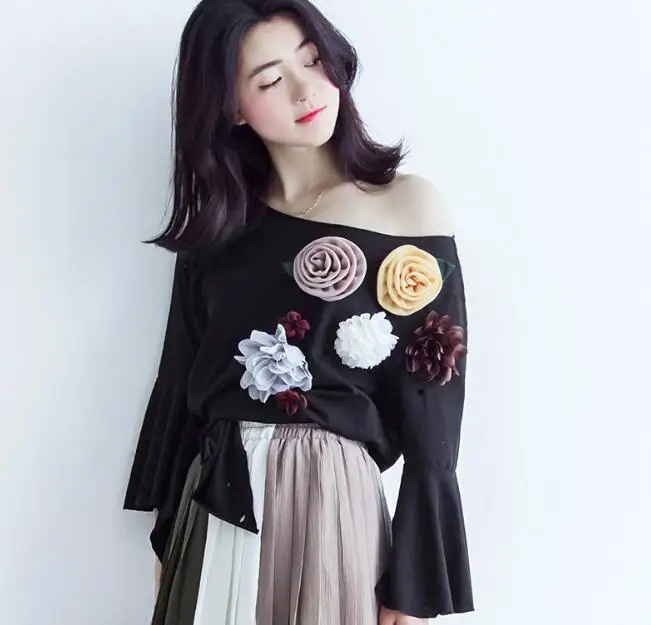 Футболка женская с объемными цветами косой воротник|tee top|top womenmori girl tops |