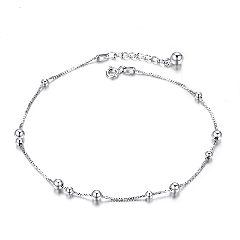 

Sinya 925 Sterling Silver Box Chain Beads Anklets Bracelet Women Girls Lover Valentine's Day Gift 22cm+3.5cm Length New Arrival