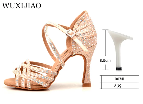 Skin heel 8.5cm WUXIJIAO/женские вечерние туфли для сальсы и бальных танцев; туфли для латинских танцев; большие и маленькие стразы; блестящая кожа; черный атлас; Каблук 9 см - Цвет: Skin heel 8.5cm