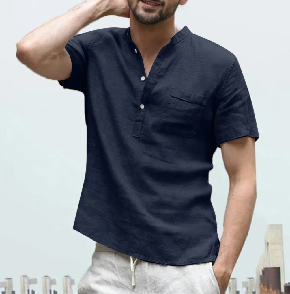 

Summer New Fashion Short-sleeved Shirt Men High Quality Baggy Cotton Linen Solid Button Beach Shirts Daily Gift Dropshipping