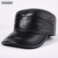 siloqin winter warm mens cowhide baseball cap with earmuffs adjustable size flat top caps new style genuine leather hat for men