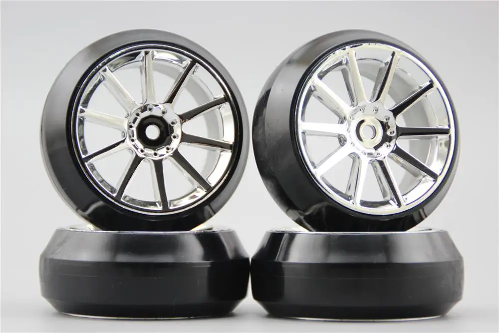 4 шт. RC 1/10 Жесткий Drift Tire обод колеса с шиной W10S1C 0 мм офсетная (хромированная)