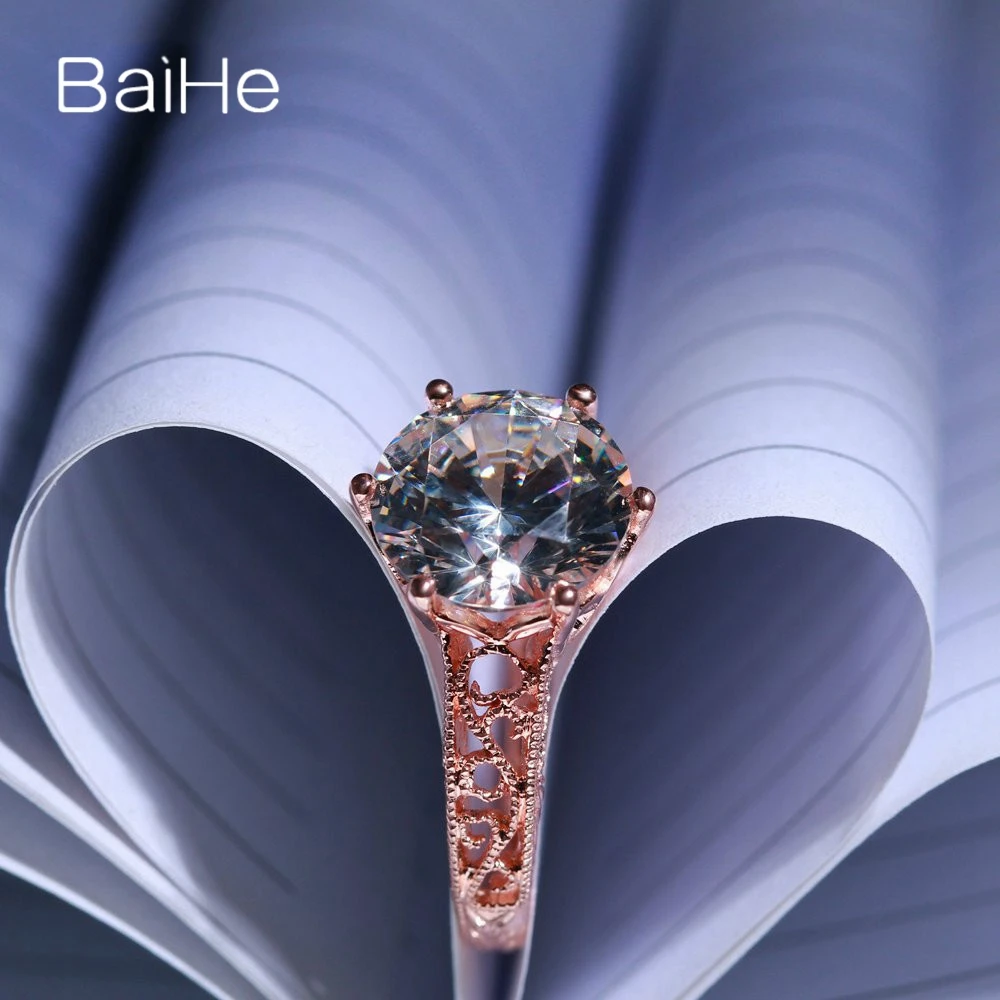 

BAIHE Solid 14K Rose Gold Genuine AAA Graded Cubic Zirconia Wedding Vintage Round Trendy Women Gift Jewelry Cubic Zirconia Ring