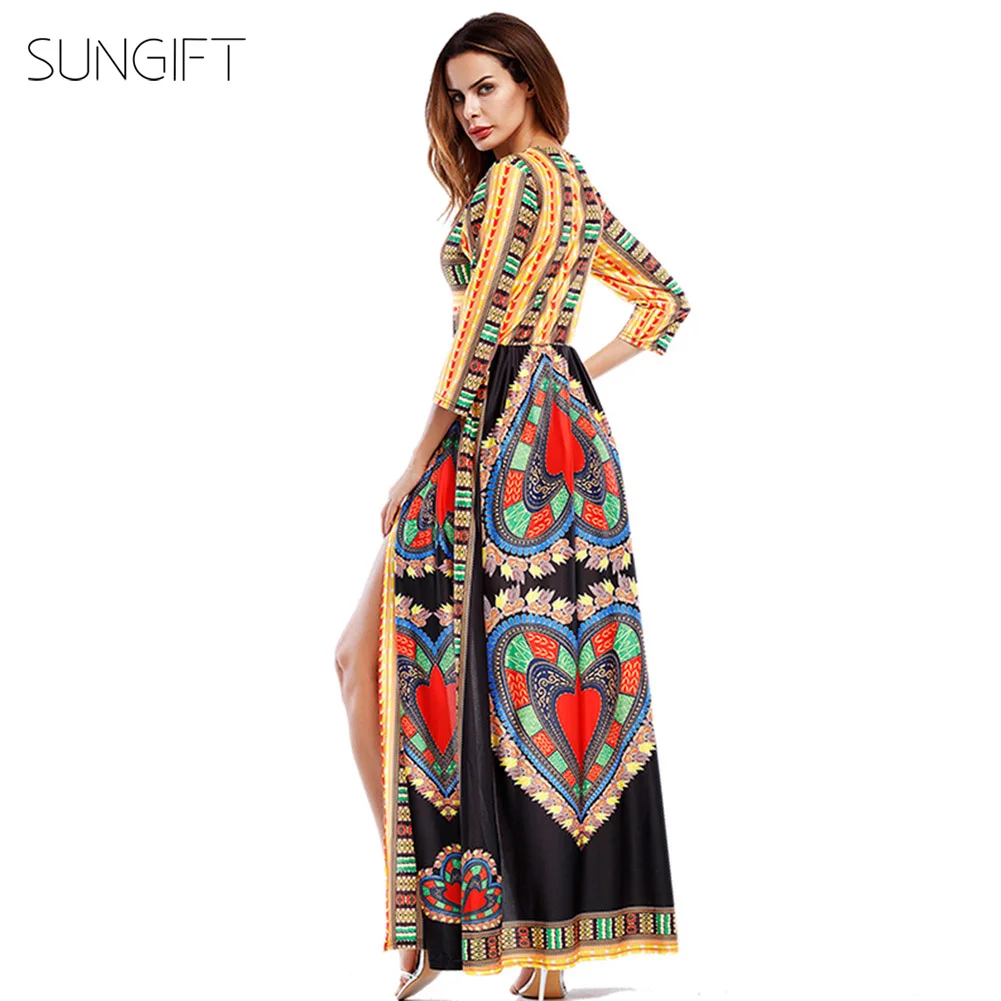 SUNGIFT Африканское стильное платье для женщин Дашики женские сексуальные глубокий v-образный вырез с высоким разрезом Африканские Этнические длинные макси платья клубная одежда